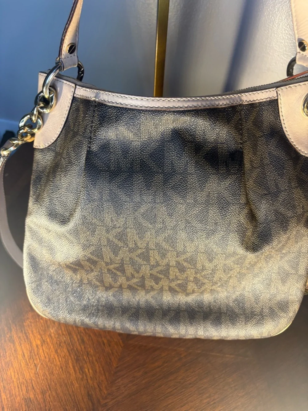 Michael Kors Brown Logo Shoulder Bag with Light Tan Trim